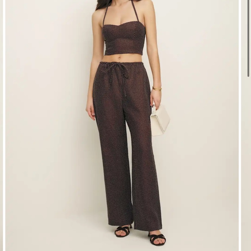 Reformation Chocolate and White Polka Dot Two-Piece Linen Set - Picture 2 of 3